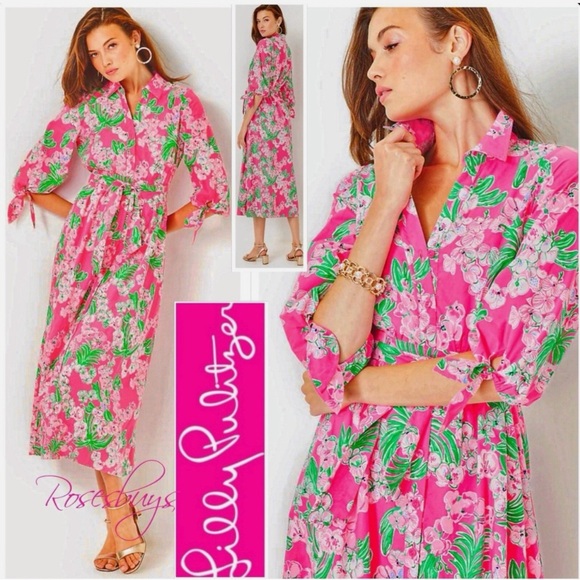 LILLY PULITZER Sz2 AMRITA 3/4 SLEEVES COTTON SHIRT DRESS ROXIE PINK 2 NWT - Picture 2 of 6